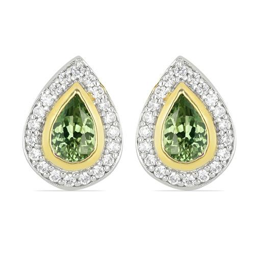 14K GOLD REAL GREEN SAPPHIRE WITH WHITE DIAMOND GEMSTONE EARRINGS